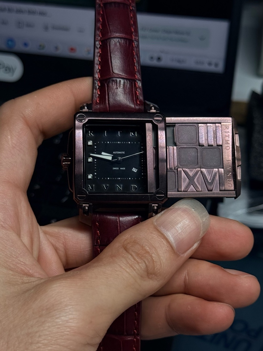 RITMO SWISS MADE Square Automatic Wristwatch with Burgundy Leather Strap